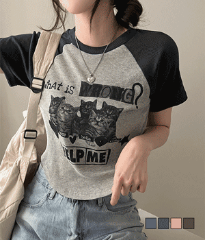 [무료배송] 헬프 고양이 나그랑 밑단 언발 배색 반팔 크롭 티셔츠